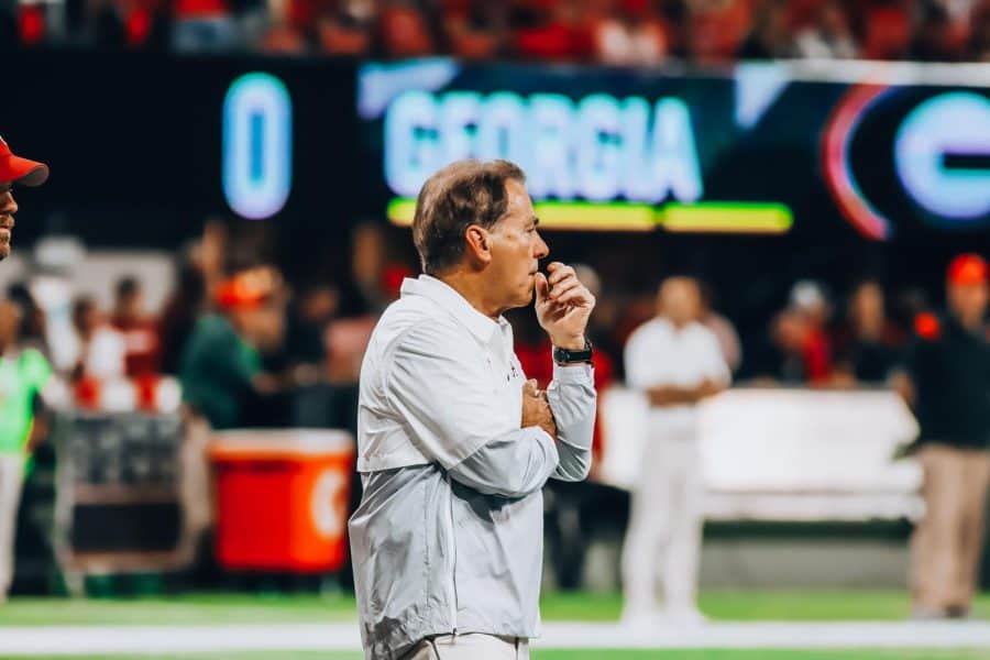 Alabama head coach Nick Saban surveys the field before the SEC championship game on Dec. 4, 2021.