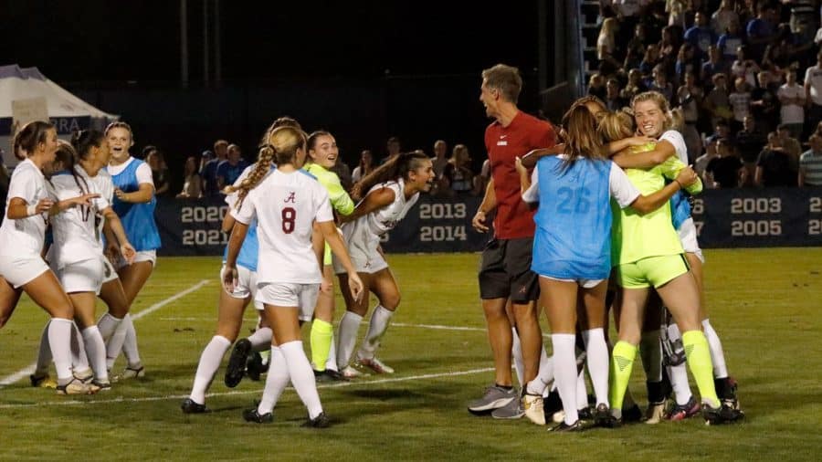 The Alabama soccer team celebrates following its 3-2 win over the No. 6 BYU Cougars on Sept. 1 at South Field in Provo, Utah.