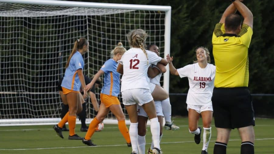 Alabamas Reyna Reyes (16) celebrates a goal with Riley Tanner (12) and Ashlynn Serepca (19) in the Crimson Tides 4-2 win over the Tennessee Volunteers on Sept. 22 at Regal Soccer Stadium in Knoxville, Tenn.