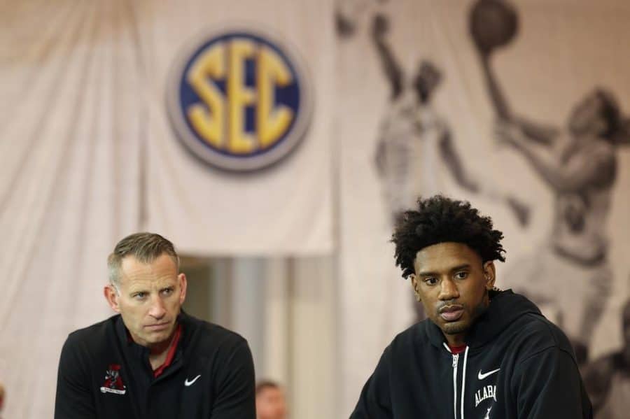 Alabama head coach Nate Oats and forward Noah Gurley speak with ESPN during SEC Tipoff 23 on Oct. 19 at the Grand Bohemian Hotel in Mountain Brook, Ala.