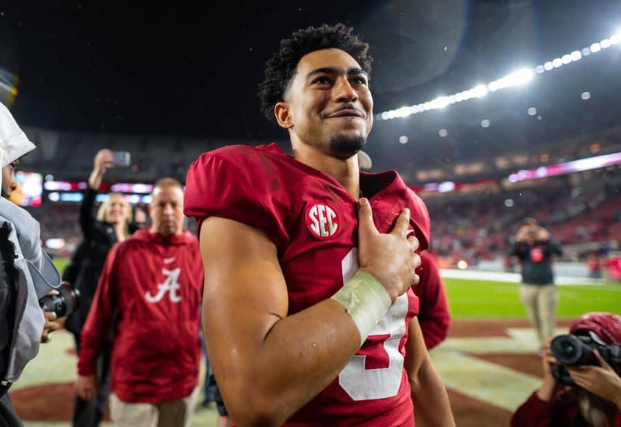 Alabama quarterback Bryce Young (9) shows his appreciation to the crowd after the Crimson Tides 49-27 victory over the Auburn Tigers on Nov. 26 at Bryant-Denny Stadium in Tuscaloosa, Ala.