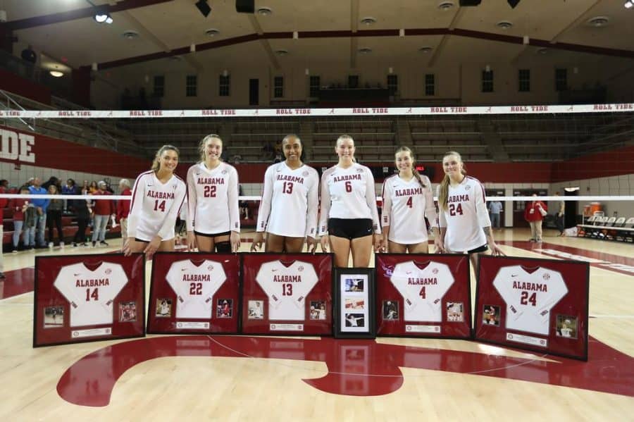 Alabama volleyballs seniors are recognized after the Crimson Tides three-set loss to the Tennessee Lady Volunteers on Nov. 25 at Foster Auditorium in Tuscaloosa, Ala.