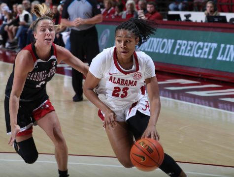 Alabama guard Brittany Davis (23) drives to the basket in the Crimson Tides 89-60 win over the Gardner-Webb Runnin Bulldogs on Nov. 27 at Coleman Coliseum in Tuscaloosa, Ala.