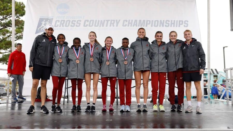 The Alabama womens cross country team poses for a picture following its first-place finish at the 2022 NCAA South Regional Championships on Nov. 11 at the John Hunt Running Park in Huntsville, Ala.