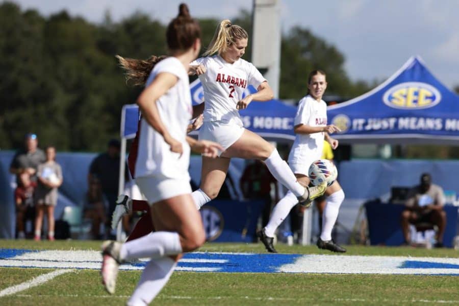 Alabama midfielder Macy Clem (2) kicks the ball in the Crimson Tides 1-0 loss to the South Carolina Gamecocks in the SEC Tournament final on Nov. 6 at the Ashton Brosnaham Soccer Complex in Pensacola, Fla.