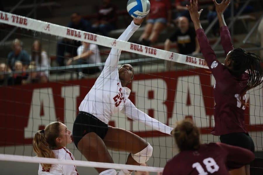 Alabamas Chaise Campbell (23) spikes the ball in the Crimson Tides loss to the Mississippi State Bulldogs on Nov. 5 at Foster Auditorium in Tuscaloosa, Ala.