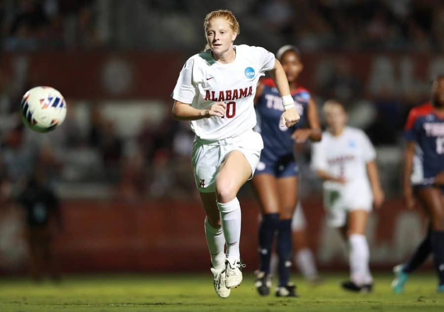 Alabama forward Riley Mattingly Parker (10) chases a ball down in the Crimson Tides 9-0 win over the Jackson State Tigers on Nov. 11 at the Alabama Soccer Stadium in Tuscaloosa, Ala.