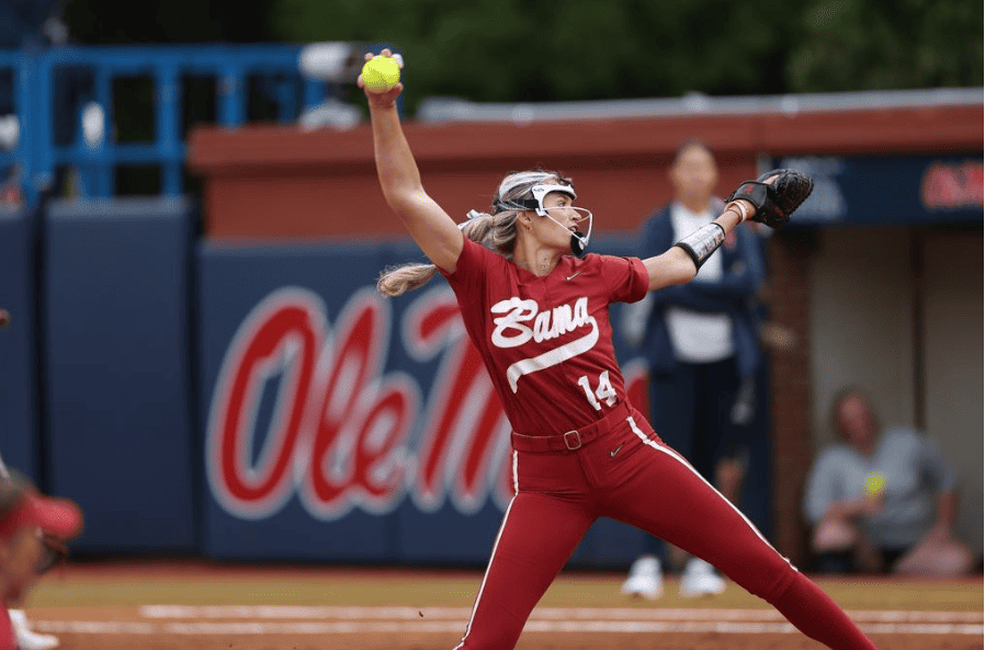 Pitcher Montana Fouts mid-throw during series against Ole Miss. Courtesy of UA Athletics. 