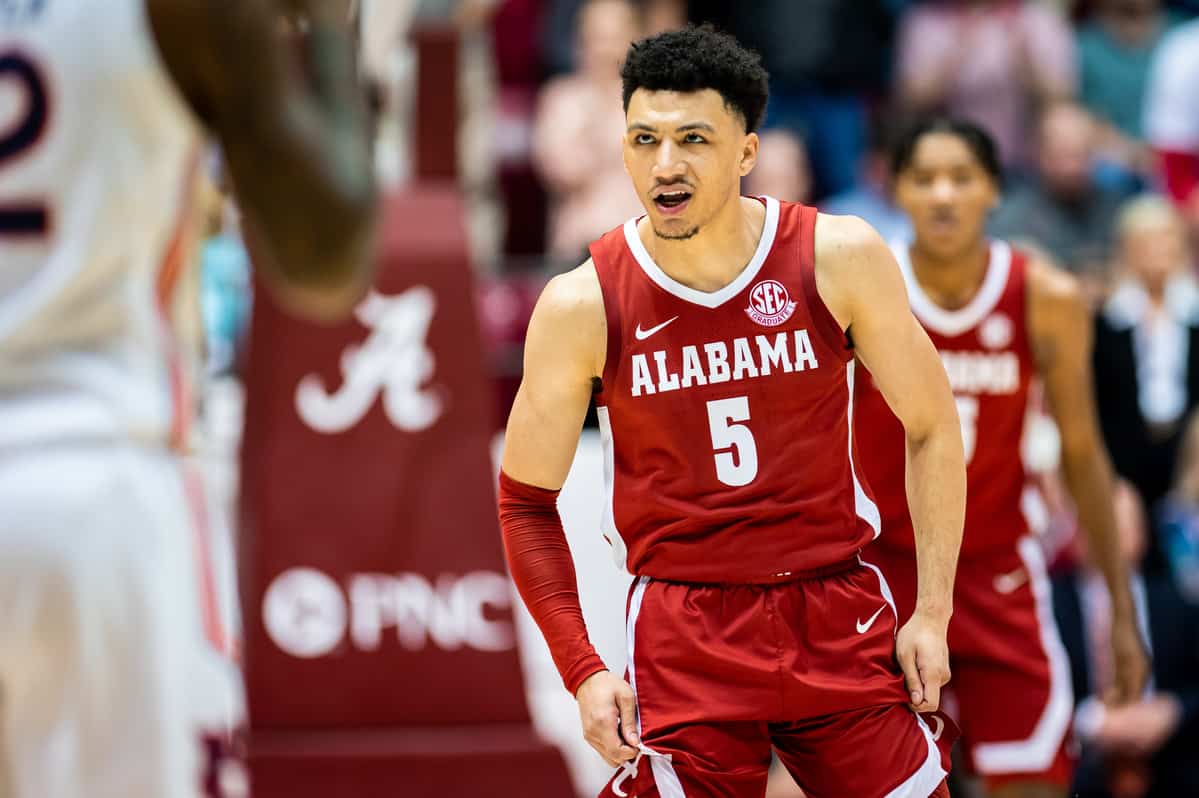 Alabama basketball player Jahvon Quinerly (#5) in a game against Auburn on March 1 at Coleman Coliseum in Tuscaloosa, Ala.