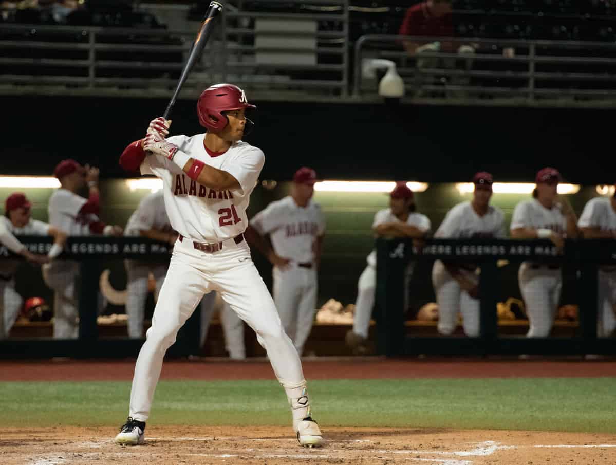 Alabama baseball player Andrew Pickney (#21) up at bat in a game against the University of Kentucky on March 24 at Sewell-Thomas Stadium in Tuscaloosa, Ala.