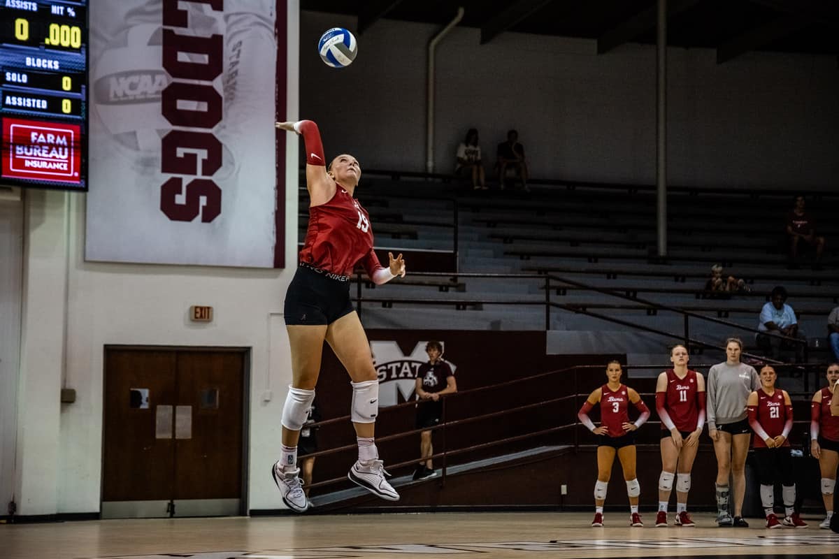 Alabama volleyball player Kendyl Reaugh (#19) prepares to hit the ball against Mississippi State on Sept. 24 in Starkville, MS.