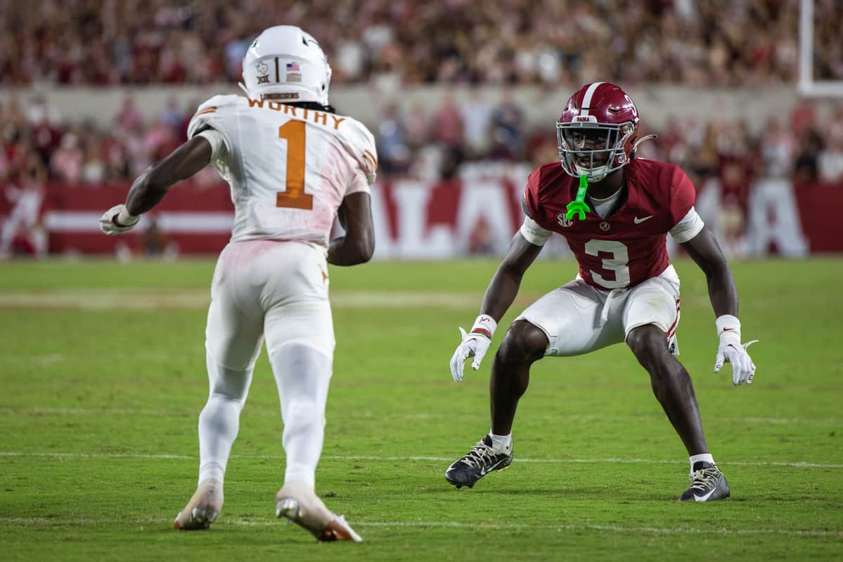 Alabama defensive back Terrion Arnold (#3) preparing for a tackle against Texas on Sep. 9 at Bryant-Denny Stadium in Tuscaloosa, Ala.