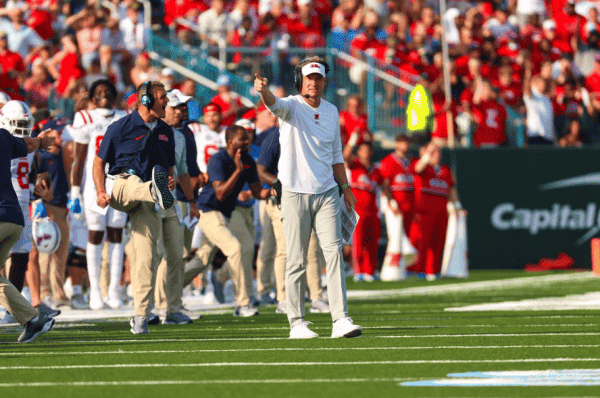 Ole Miss head coach Lane Kiffin celebrates in the Rebels game against the Tulane Green Wave on Sept. 9 at Yulman Stadium in New Orleans, LA.