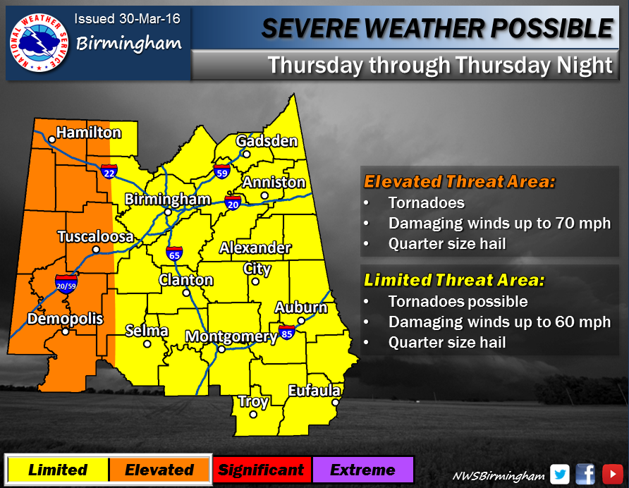 UPDATED: Tuscaloosa to face elevated threat of severe weather Thursday