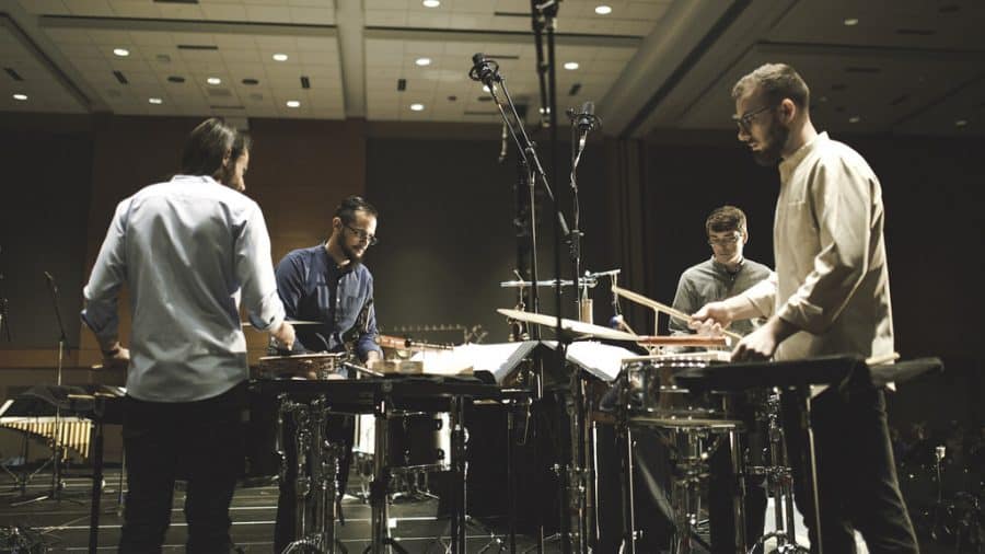 Snares, sirens and bells add unconventional beats to percussion ensemble