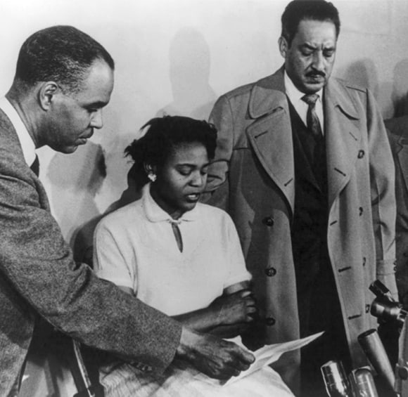 Autherine Lucy Foster, a 125 Years of Women honoree and one of the first Black students to attend the University of Alabama is flanked on the left by Roy Wilkins and on the right by Thurgood Marshall. 

Photo courtesy of Wikimedia Commons.
