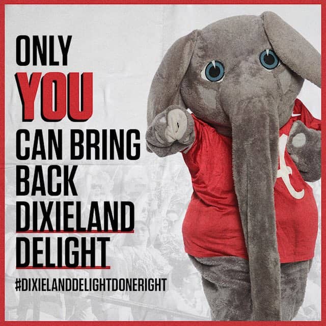 This image accompanied the video announcing the return of Dixieland Delight featured on Athletic Director Greg Byrne's Twitter account.