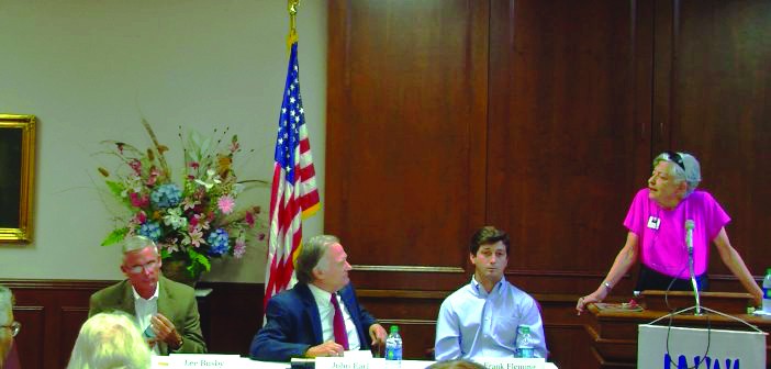 Left to right: District 4 candidates Lee Busby, John Earl and Frank Fleming participate in a forum held by the League of Women Voters. Photo courtesy of WVUA 23 News