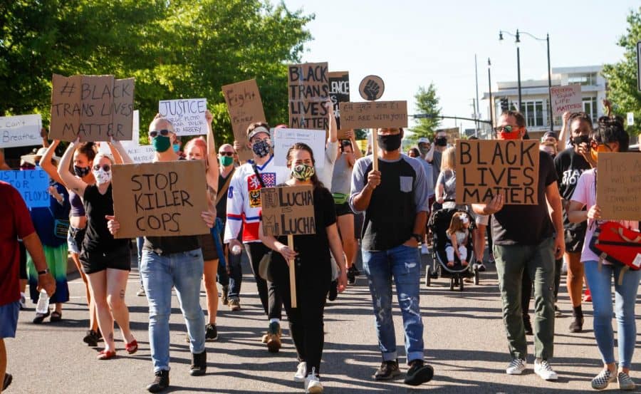 Protestors march in downtown Tuscaloosa in summer 2020.