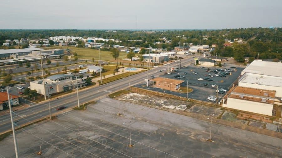 Alberta City, captured above by a drone, now features empty lots where homes and businesses once thrived. Photo courtesy of Alexander Mobley