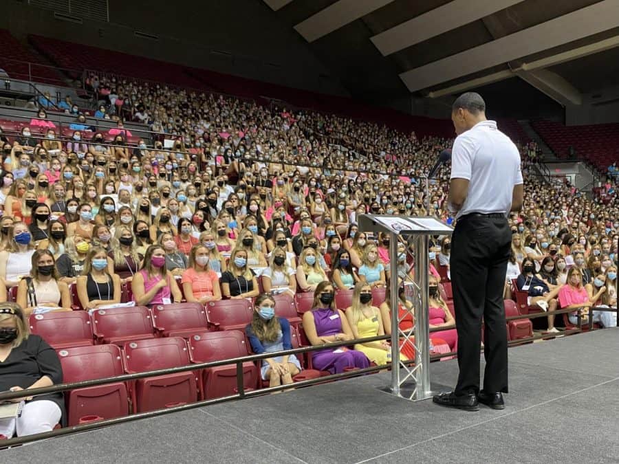 National Pan-Hellenic Council President Jordan Smith addressed potential new members at the Alabama Panhellenic Associations  convocation on Aug. 7. 