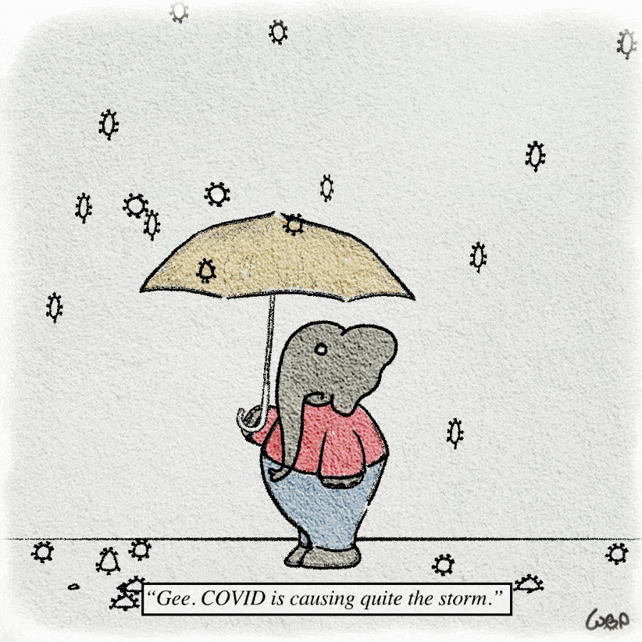 An+elephant+holding+an+umbrella+to+protect+himself+from+COVID+particles+falling+from+the+sky.