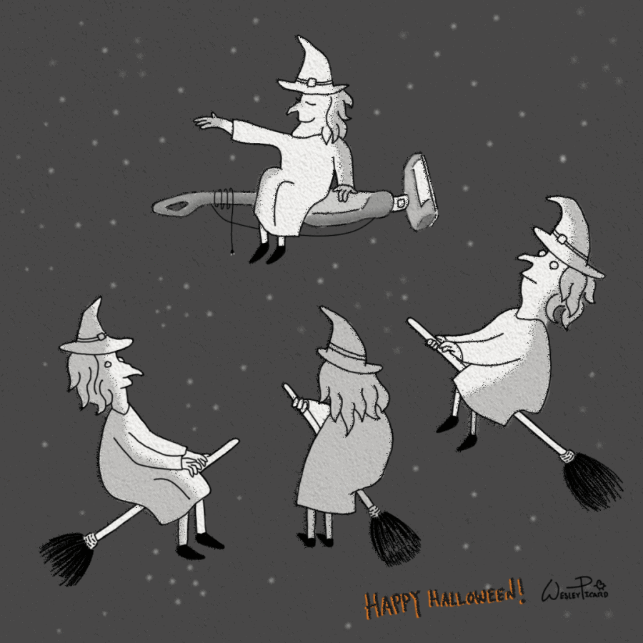 Three+witches+on+brooms+watch+a+witch+show+off+her+vacuum.