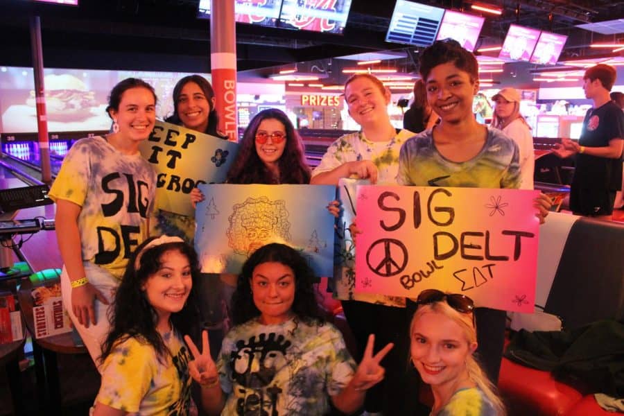 Sig Delt sorority shows off their spirit at student bowling competition at bowlero. 