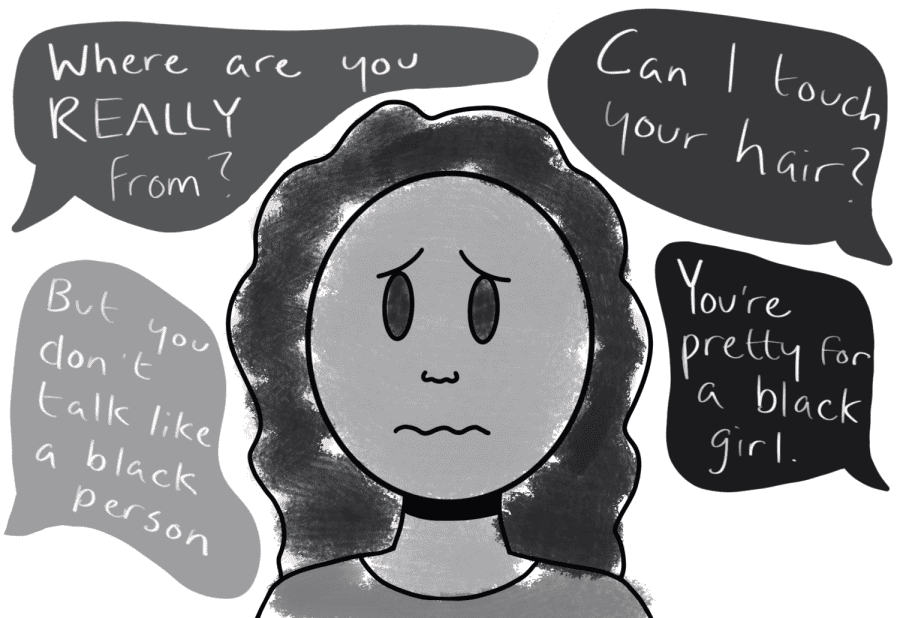 An illustration of a Black woman surrounded by imposing speech bubbles. Where are you REALLY from? Can I touch your hair? But you dont talk like a Black person. Youre pretty for a Black girl.