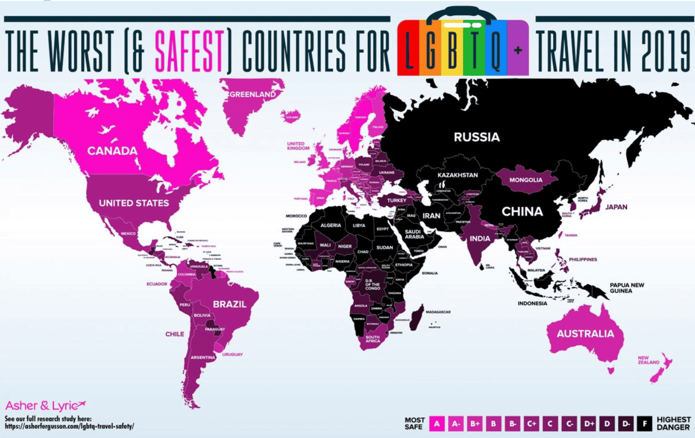 Graphic illustrating safest countries for LGBTQ+ travel in 2019.