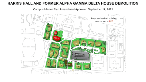 A map illustrating the location of the buildings to be demolished. They are located on Colonial drive, opposite Bryant Denny Stadium and near the Rose Admin building.