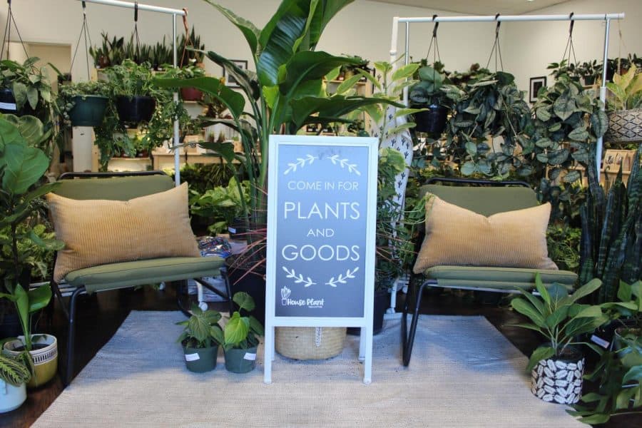 A wide variety of plants surrounding a sign that says, come in for PLANTS and GOODS.