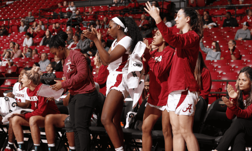 Alabama+womens+basketball+players+celebrate+after+a+three-pointer+by+guard+Hannah+Barber+to+regain+the+lead+late+in+the+third+quarter+during+Sundays+game.