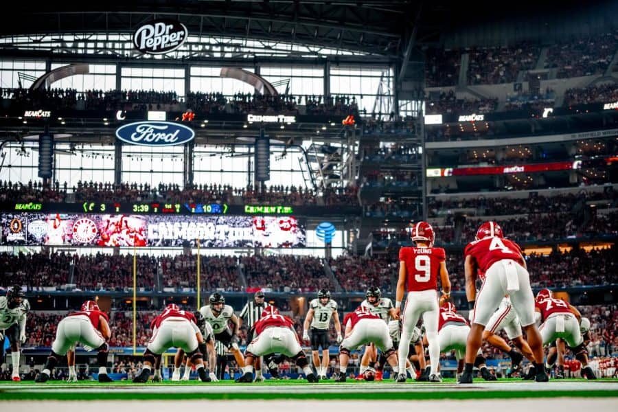 Alabama quarterback Bryce Young (9) prepares for the snap deep in Alabama territory at AT&T Stadium in Arlington, Texas on Dec. 31, 2021.