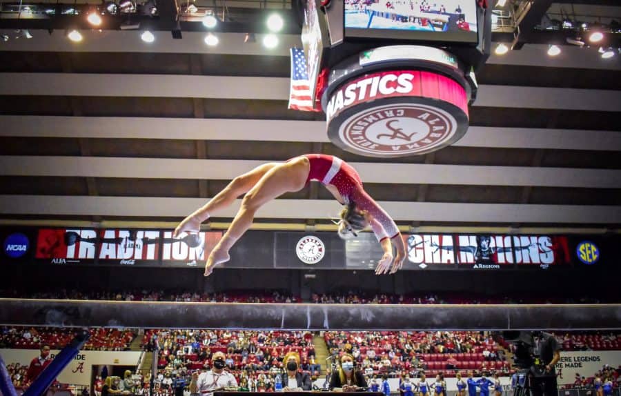 Lexi Graber performs her beam routine against Kentucky in Coleman Coliseum on January 21, 2022.