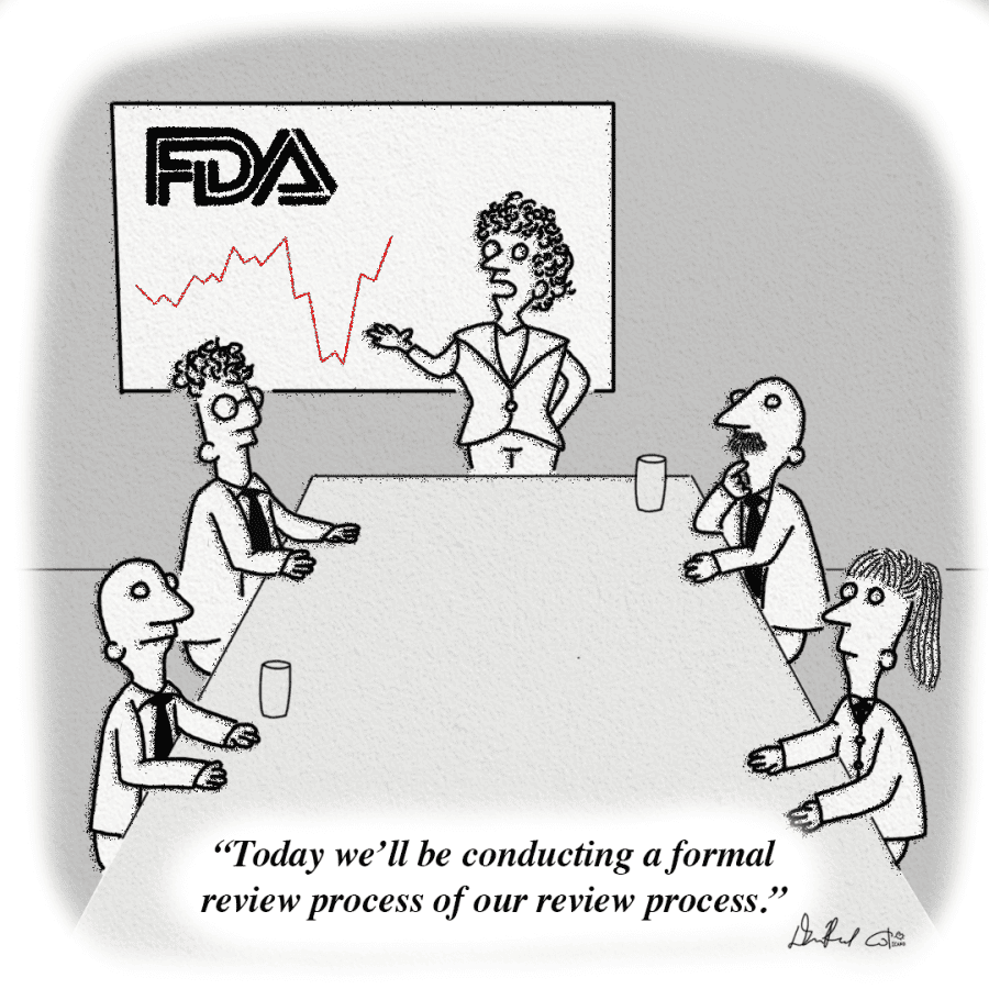 A+group+of+people+in+a+boardroom+viewing+a+graph+labeled+FDA.+The+caption+reads%2C+Today+well+be+conducting+a+formal+review+process+of+our+review+process.