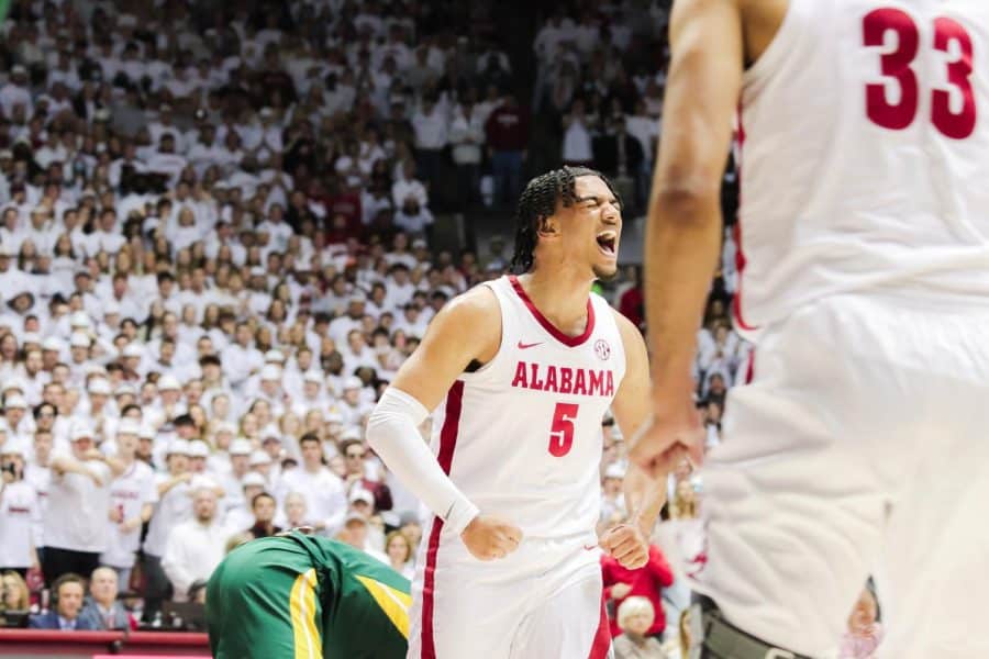 Jaden Shackelford celebrates during the Big 12/SEC Challenge on Jan. 29, 2022.