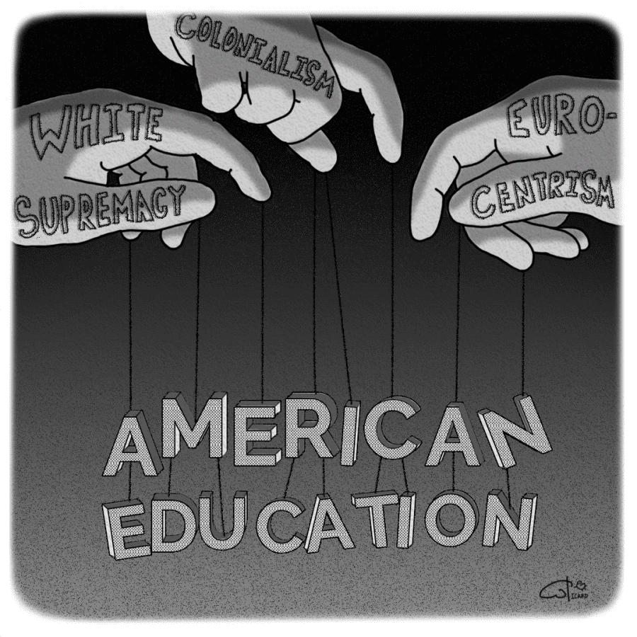 The words American eduction being puppeteered by hands labeled white supremacy, colonialism, and euro-centrism.
