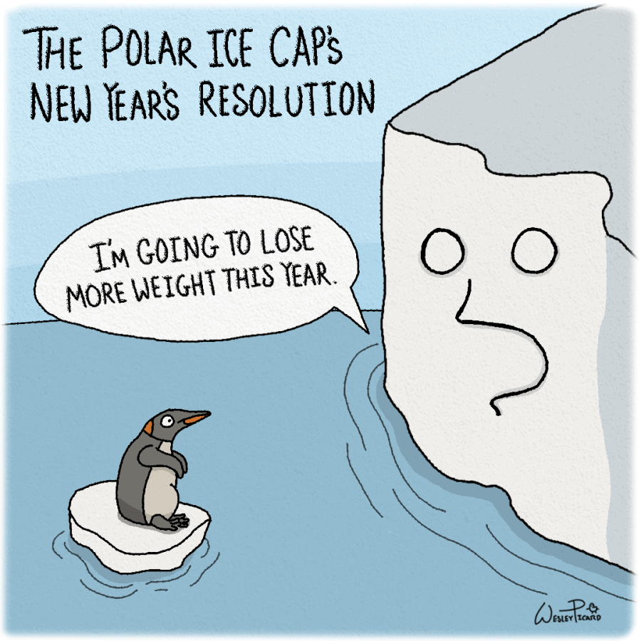 An illustration of a polar ice cap talking with a penguin floating dejectedly on a tiny fragment of ice. The polar ice cap says, Im going to lose more weight this year.