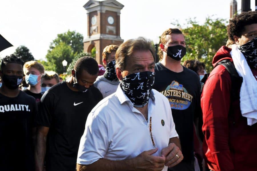 Alabama football head coach Nick Saban leads the Black Lives Matter march to Foster Auditorium on Aug. 31, 2020. 