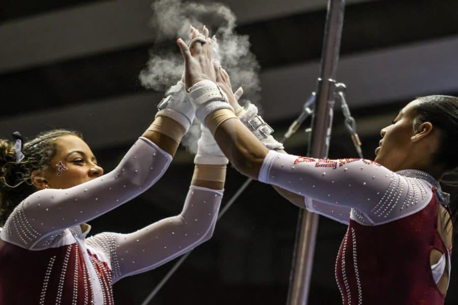 Alabama gymnasts celebrate during a tri-meet against Western Michigan and North Carolina of Feb. 4, 2022. 