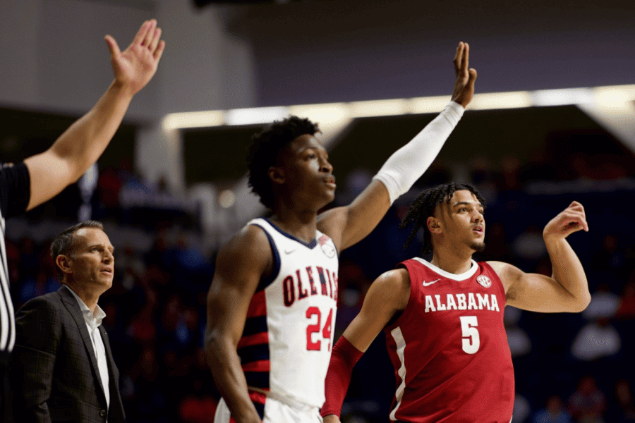 Alabama guard Jaden Shackelford (5) watches his shot go up in the Crimson Tide’s 97-83 win over Ole Miss in Oxford, Mississippi, on Feb. 9, 2022.