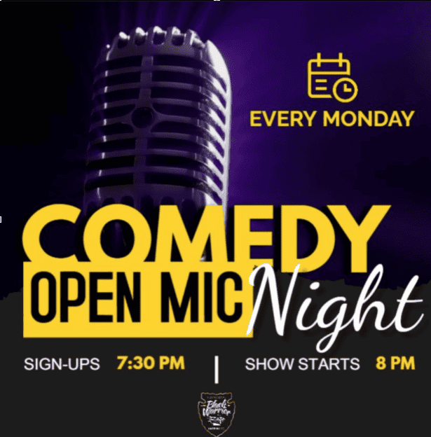 A flyer advertising Comedy Open Mic Night.