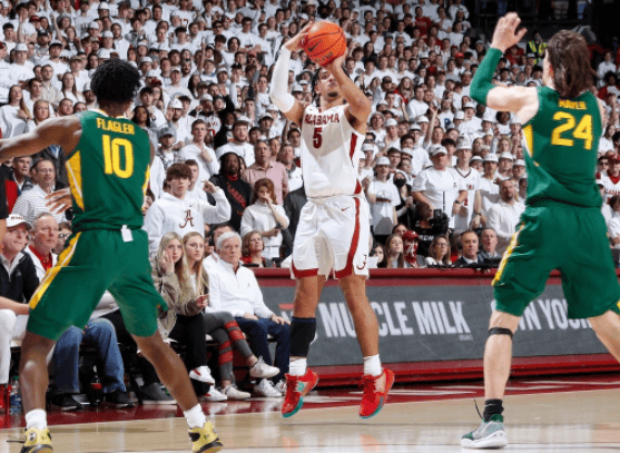 Alabama guard Jaden Shackelford (5) attempts a 3-point shot in the Crimson Tide’s 87-78 win over Baylor on Jan. 29, 2022. 