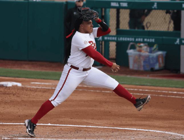Sophomore Jaala Torrence throws a pitch during win over the Evansville Aces on Feb. 18, 2022. 