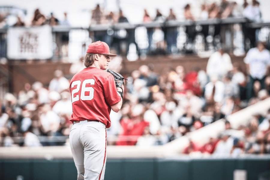 Alabama pitcher Grayson Hitt prepares to throw a pitch in the Crimson Tide’s 6-2 win against the Mississippi State Bulldogs at Dudy Noble Field in Starkville, Mississippi.