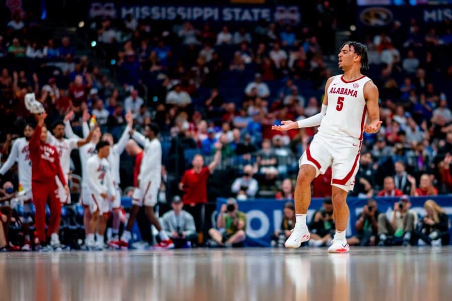 Alabama guard Jaden Shackelford (5) reacts to a made jump shot against Vanderbilt in the second round of the SEC Tournament on March 10 at Amalie Arena in Tampa, Florida.