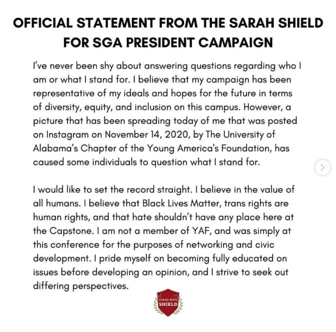 Campus groups withdraw endorsements of presidential candidate Sarah Shield 