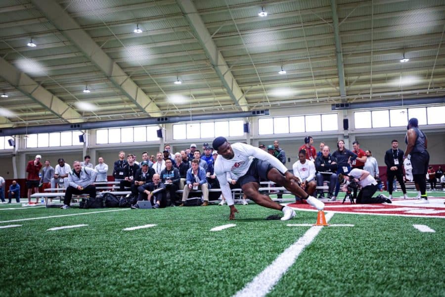 Former Alabama running back Brian Robinson Jr. completes the 20 yard shuttle drill during Alabamas Pro Day on Wednesday.