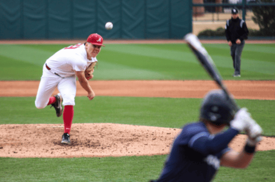 Alabama right-hander Garrett McMillan throws a pitch against Xavier on Feb. 18. 